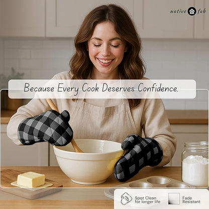 Native Fab Buffalo Plaid Check Oven Mitts and Pot Holders Set of 4, 100% Cotton Heat Resistant Kitchen Gloves, 2 Oven Mitts (7x13), 2 Pot Holders (8x8) for Cooking & Baking, Ash Grey Black - Image 4