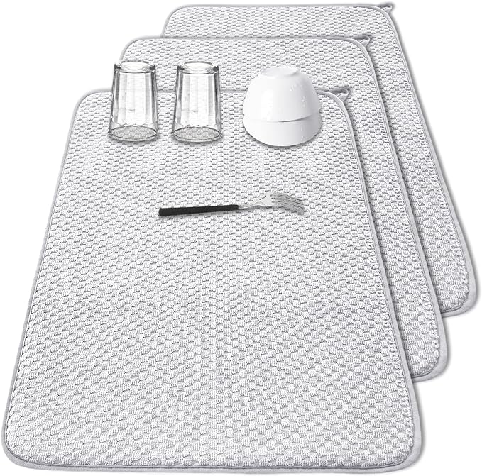 3 Pcs XXL Dish Drying Mat,Absorbent Microfiber Dishes Drainer Mats,Large Size 24×17" Pads for Kitchen Counter,Coffee,Rack,Under Sink,Light Gray by Meirrnyyu