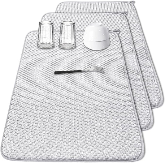 3 Pcs XXL Dish Drying Mat,Absorbent Microfiber Dishes Drainer Mats,Large Size 24×17" Pads for Kitchen Counter,Coffee,Rack,Under Sink,Light Gray by Meirrnyyu