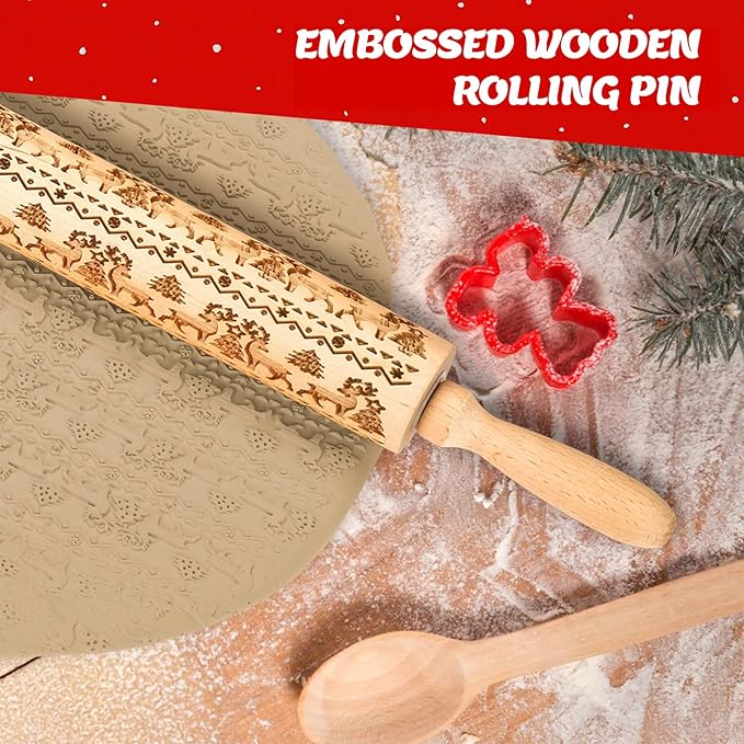 Stocking Stuffers Gifts for Women, Wooden Embossed Rolling Pin for Baking, Deep Engraved Embossing Rolling Pins with Christmas Elk Deer Pattern Designs for Baking Cookies Stamps Roller, DIY Tools - Image 4
