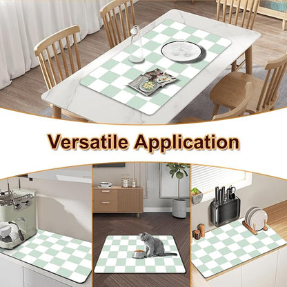 Dish Drying Mat for Kitchen Counter, 12" x 20" Checkered Coffee Bar Mat for Espresso Machine, Absorbent Stain-Resistant Countertop Protector, Non-Slip Back Drying Pad for Coffee Maker, Green & White