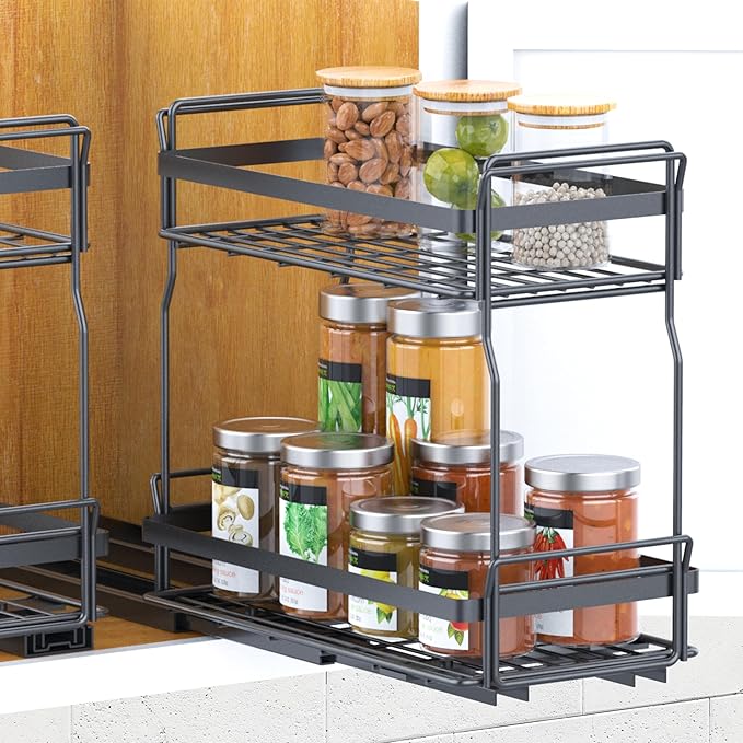 Pull Out Spice Rack Organizer for Inside Kitchen Cabinets, Heavy Duty Slide Out Seasoning Kitchen Organizer, 2 Tier Vertical Sliding Seasoning Organizer, 10.5" D x 5.1" W x 9.6" H -2 Pack (2)
