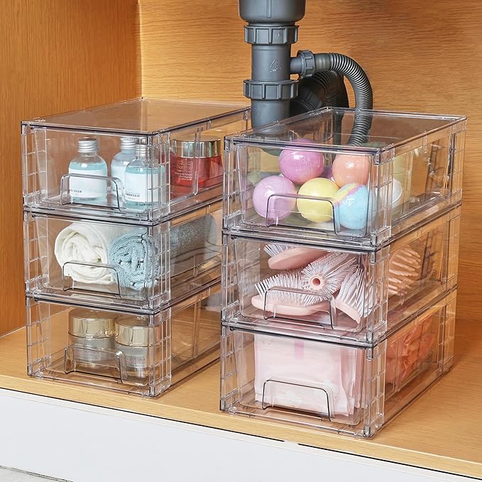 Vtopmart 2 Pack Stackable Storage Drawers,Clear Acrylic Drawer Organizers with Handles, Easily Assemble Containers for Fridge, Bathroom,Kitchen Undersink,Cabinet,Pantry Organization and Storage - Image 2