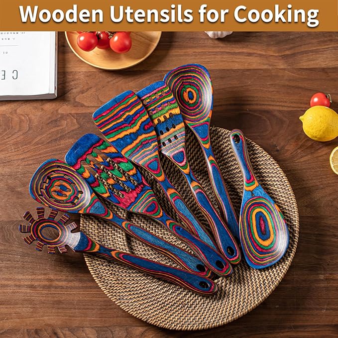 Gudamaye Pakka wood 7-Piece Blue Wooden Cooking Utensils, Wooden Spoons for Cooking, Wooden Spoon Set, Wooden Kitchen Utensil set, Pakkawood Cooking Spoons, Non-Stick Spoon,Pakkawood kitchen utensils - Image 7