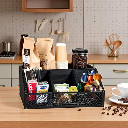 Coffee Station Organizer, Rustic Countertop Coffee Bar Accessories, 4 Compartments for Pods, Syrup, Stirrer, Tea Bags - Coffee Condiment Station Storage for Home and Office - Black - Image 6