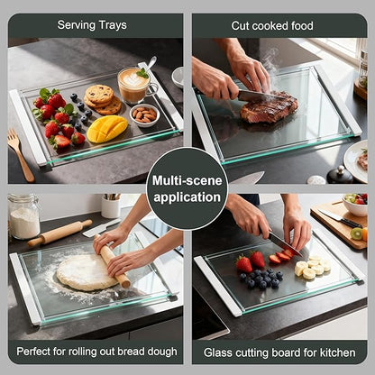 Tempered Glass Cutting Board Set for Kitchen Counter - Dishwasher Safe with Juice Grooves, Non-Slip Silicone Edges & Beveled Grip - 16"x12" & 12"x8" Serving Tray (White-2PCS)