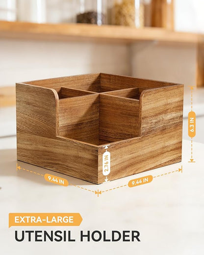 Yofidra Kitchen Utensil Holder with Stone Drying Mats, 4 Compartments Corner Utensil Holder for Kitchen Countertop, Extra Large Silverware Organizer (Wood Color)
