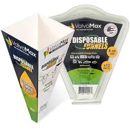 ValvoMax Disposable Funnels, 12-Pack (8oz) – Glossy Cardstock Paper Funnels for Oil Changes, Automotive Fluids, Coolant, and Household Liquids