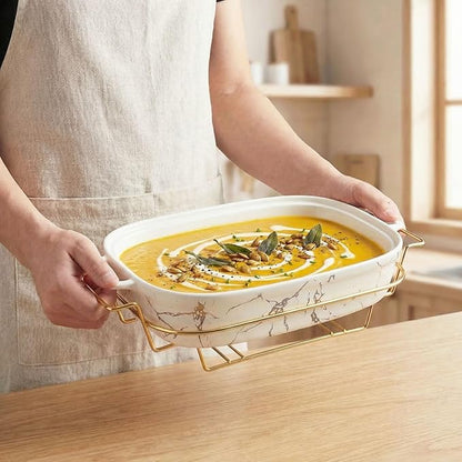 13" x 9" Ceramic Casserole Dish with Glass Lid and rack, 2.2 Quart Serving Soup Tureen,Chafing Dish for Buffet, Family Food preserve Tray, Catering Casserole for Party Style