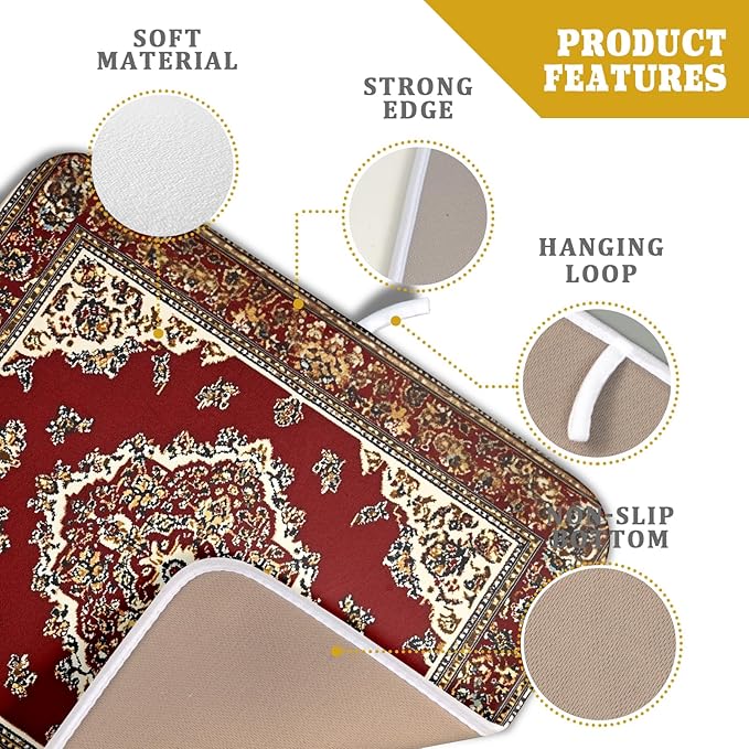 Giwawa Vintage Boho Dish Drying Mat Antique Tribal Rustic Red Floral Dish Drainer Mats 16"x18" Ethnic Carpet Microfiber Reversible Dish Drying Rack Pad Protector for Kitchen Countertop Decor