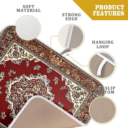 Giwawa Vintage Boho Dish Drying Mat Antique Tribal Rustic Red Floral Dish Drainer Mats 16"x18" Ethnic Carpet Microfiber Reversible Dish Drying Rack Pad Protector for Kitchen Countertop Decor