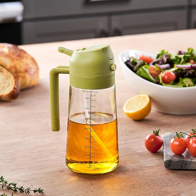 FineDine 16oz Olive Oil Sprayer for Cooking, 2 in 1 Olive Oil Dispenser Bottle for Kitchen, Air Fryer, Salad, BBQ & Baking – Dual Spray Mist & Stream, with Measurement Marks, Green - Image 3
