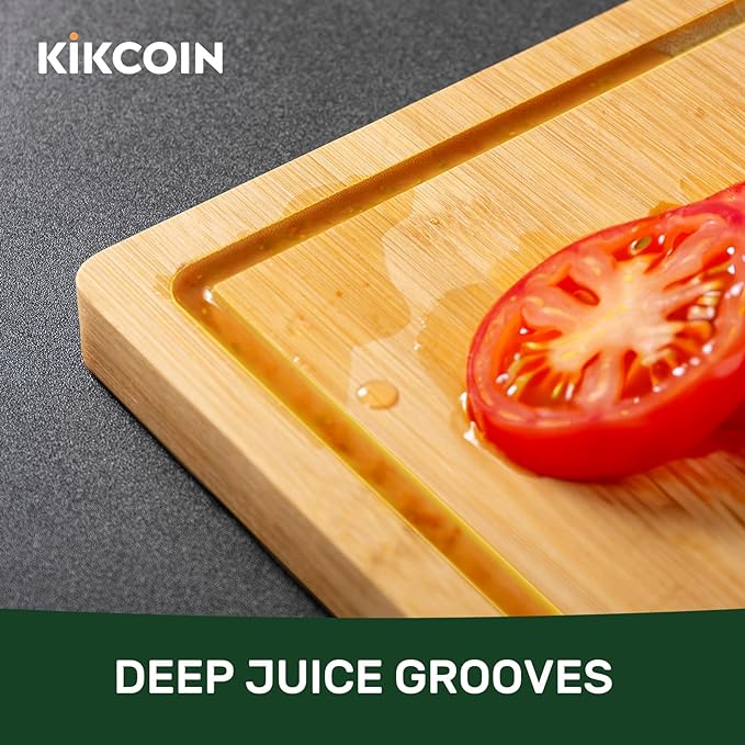 Kikcoin 17”×11” Bamboo Cutting Boards for Kitchen, Healthy Wooden Cutting Boards for Kitchen, Charcuterie, Vegetables, Cheese, Extra Large Chopping Boards with Deep Juice Groove and Handle, Natural - Image 4