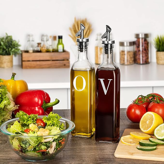 GREENOLIVE Olive Oil and Vinegar Dispenser Set - 17 oz. Glass Bottles with No-Drip BPA-Free Spouts - Stylish O and V Identifiers for Kitchen and Dining Use - Set of 2 - Image 3