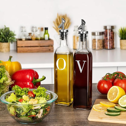 GREENOLIVE Olive Oil and Vinegar Dispenser Set - 17 oz. Glass Bottles with No-Drip BPA-Free Spouts - Stylish O and V Identifiers for Kitchen and Dining Use - Set of 2 - Image 3