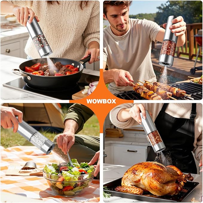 WOWBOX Electric Salt and Pepper Grinder Set 2 PCS, Stainless Steel Automatic Coarseness, Rechargeable Salt and Pepper Shakers, 95 L Large Capacity Multifunctional Pepper Mill, for Kitchen - Image 7