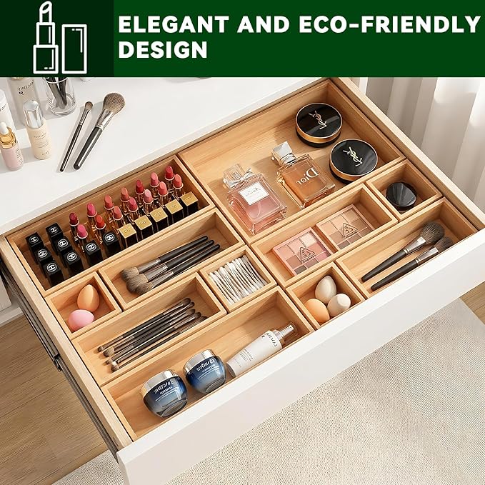 Bamboo Drawer Organizer 7 Pcs for Kitchen Multi-purpose Storage Dividers for Kitchen, Office, Jewelry, Cosmetics, Wooden Drawer Dividers for Drawer Organizer Desk Organizer Gift for Women Gifts Idea - Image 6