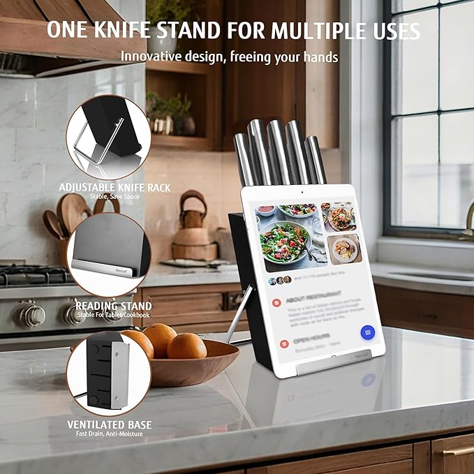hecef 6-Piece Silver Stainless Steel Knife Set with Tablet Stand, Innovative knife Block – All-in-One Kitchen Solution, Ergonomic Handles and Safe Storage