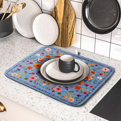 Lovely Flowers Dish Drying Mat - Blue Floral Kitchen Counter Microfiber Drying Pad 16 X 18 for Home Decor - Image 5