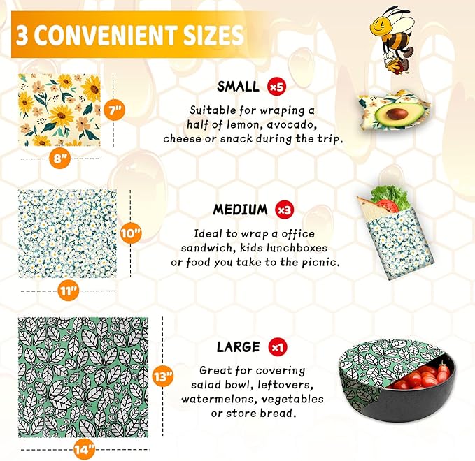 Beeswax Wrap, 9 Pack Eco-Friendly Beeswax Wraps for Food Storage, Organic, Sustainable, Beeswax Food Wraps, Zero Waste Reusable Food Wrap Beeswax Paper 1L, 3M, 5S Plants Pattern Sandwich Wrappers - Image 3