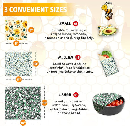 Beeswax Wrap, 9 Pack Eco-Friendly Beeswax Wraps for Food Storage, Organic, Sustainable, Beeswax Food Wraps, Zero Waste Reusable Food Wrap Beeswax Paper 1L, 3M, 5S Plants Pattern Sandwich Wrappers - Image 3