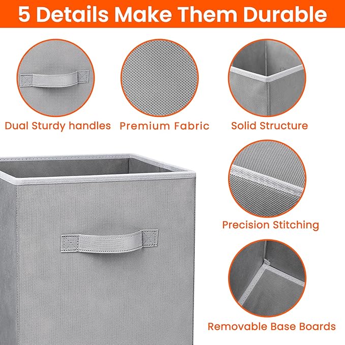Criusia Large Storage Cubes - 13 Inch Heavy Duty Fabric Storage Bins for Shelves Closet, Cube Organizer - 8 Pack Collapsible Cube Storage Bins Baskets for Organizing Clothes Blankets Toys (Grey) - Image 3