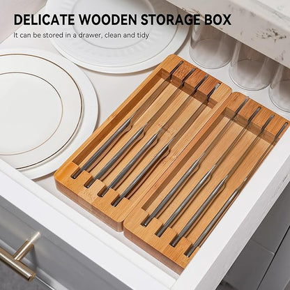 Serrated Steak Knife Set of 8 with Block Holder, Steak Knife with Storage Box Drawer Insert Organizer Bamboo Case, Dishwasher Safe, Silver