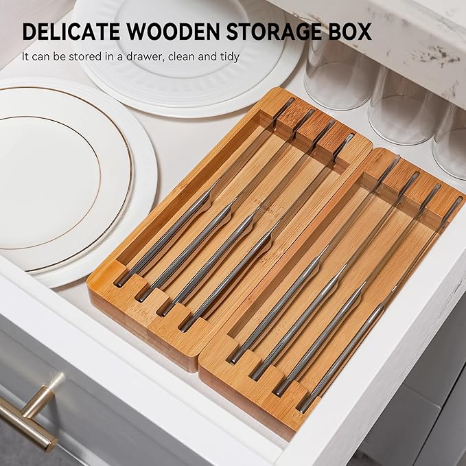 SuperCook Steak Knife Set of 12 with Block Holder, Serrated Steak Knife with Bamboo Storage Box Drawer Insert Organizer, Dishwasher Safe, Silver