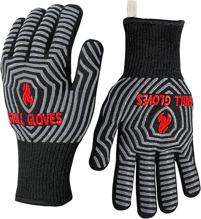 QUWIN BBQ Gloves, Oven Gloves, 1472℉ Extreme Heat Resistant,Grilling Gloves Silicone Non-Slip Oven Mitts, Kitchen Gloves for BBQ, Grilling, Cooking, Baking-1 Pair… (Black, One Size Fits Most) by QUWIN