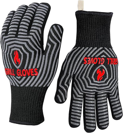QUWIN BBQ Gloves, Oven Gloves, 1472℉ Extreme Heat Resistant,Grilling Gloves Silicone Non-Slip Oven Mitts, Kitchen Gloves for BBQ, Grilling, Cooking, Baking-1 Pair… (Black, One Size Fits Most) by QUWIN