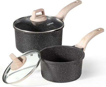 CAROTE 1.5Qt & 3.0Qt Sauce Pan Sets with Lid Cooking Pots Nonstick Saucepans Cookware Set with Pour Spout Small Kitchen Pot, Induction Comptable, Easy to Clean, PFOA FREE (Classic Granite) by CAROTE
