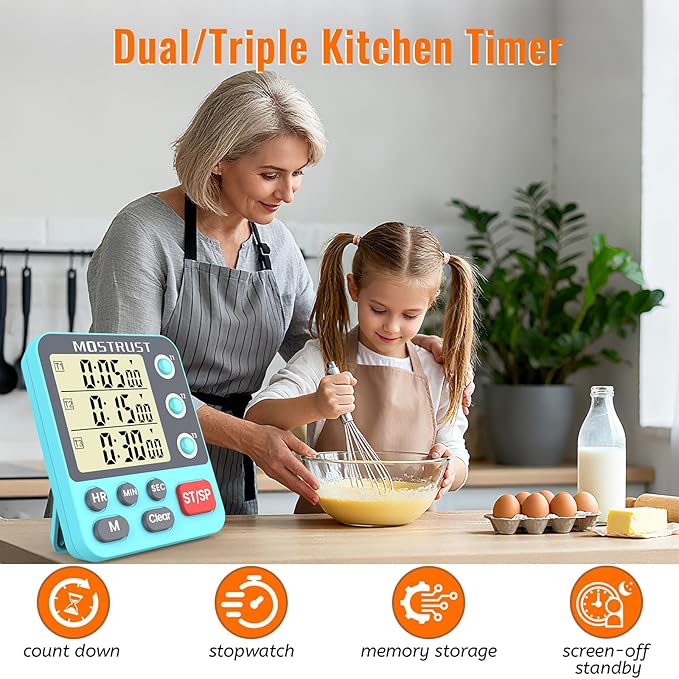 Digital Dual Kitchen Timer, 3 Channels Countdown Triple Timer for Cooking, Magnetic Memory-Preset Large-Display Adjustable Alarm Volume, Multi Times Management, 3A Battery Included, Blue - Image 2