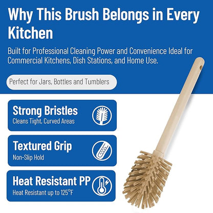 SPARTA Large Water Bottle Brush Ideal for Wide-Mouth Jars, Bottles and Tumblers, Dishwashing Tool with Handle for Home and Commercial Kitchens, Plastic, 12 Inches, Tan, (Pack of 6)