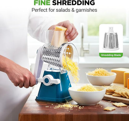 NutriChef 3 in 1 Cheese Grater & Shredder | Strong Suction Base, Rotary Handle with Safety Lock | Includes Hand Crank & 3 Drum Blades for 3 Textures, Fine, Medium & Strips | Blue - Image 4