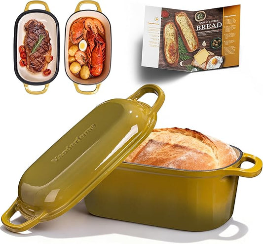 4.6-Quart Oval Dutch Oven for Bread Baking, 2 in 1 Cast Iron Bread Pan with Lid, Sourdough Bread Dutch Oven for a Crispy Crust, Olive