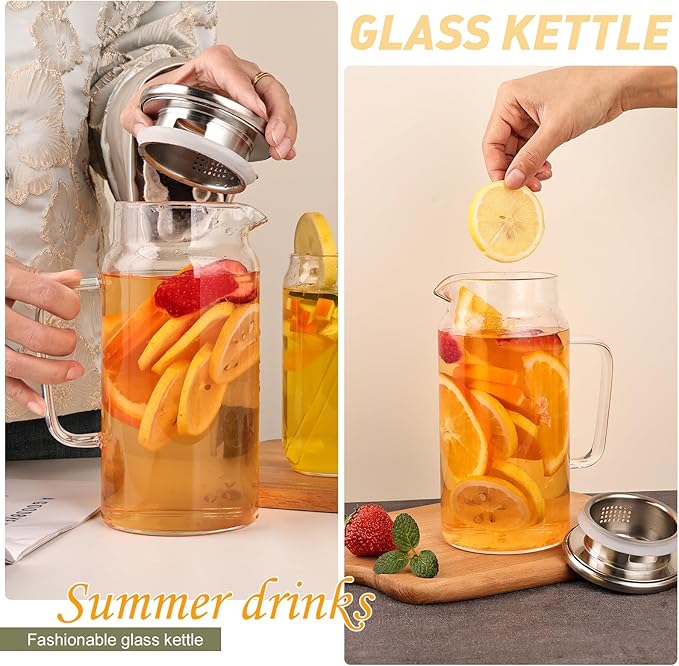 Set of 2 Glass Pitcher with Lid, 1200ml Leak Proof,Glass Water Jugs, BPA-Free,Microwave & Dishwasher Safe Pitcher,Sun & Iced Tea, Sangria,Cold Brew Coffee & More - Image 4