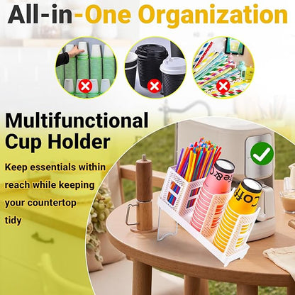 Cup and Lid Holder, Disposable Paper Cup Dispenser with Coffee Pod Straw Storage Basket, 6-Compartment Countertop Coffee Cup Holder for Coffee Stations, Break Rooms, Living Rooms (White)