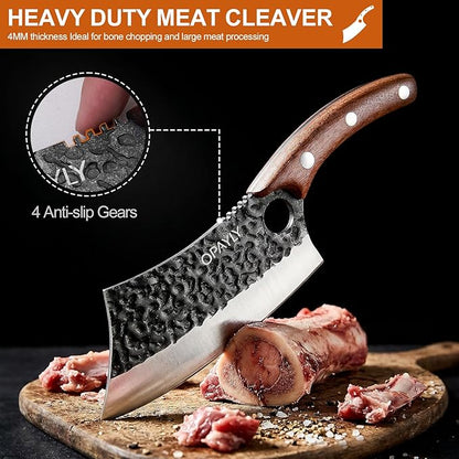 3PCS Hand Forged Butcher Knife Set Meat Cleavers, Serbian Chef Knife Viking Boning Knife High Carbon Steel Kitchen Knife for Meat Cutting, Outdoor BBQ Vegetable Camping, Gift for Men