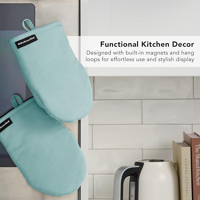 KITCHENAID Gourmet Series Gridlines Mini Oven Mitts 2-Pack Set, Heat Resistant up to 600°F, Soft Silicone Grip, Magnetic Cuff, Mineral Water Aqua, 5.5"x9" - Image 6