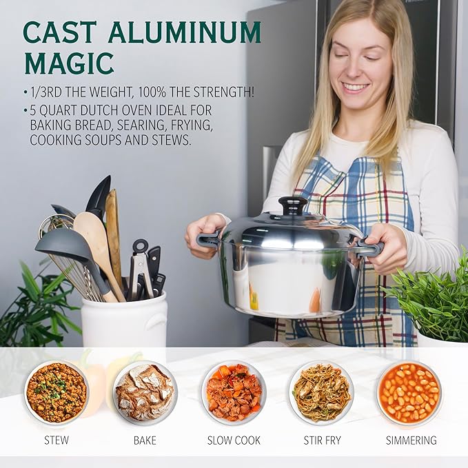 Magnaware Cast Aluminum Dutch Oven with Lid - 5 Quart Lightweight Cookware Pot with Silicone Covers for Easy Handling - Even Heat Distribution & Retention - For Bread Baking, Stew, Simmering & More