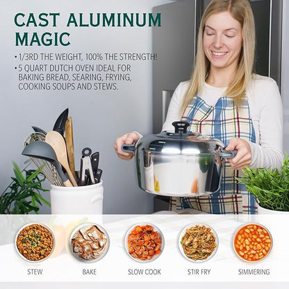 Magnaware Cast Aluminum Dutch Oven with Lid - 5 Quart Lightweight Cookware Pot with Silicone Covers for Easy Handling - Even Heat Distribution & Retention - For Bread Baking, Stew, Simmering & More