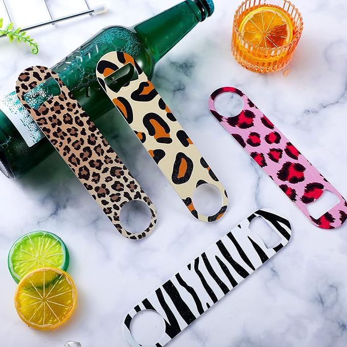 4 Pcs Flat Bottle Opener Heavy Duty Stainless Steel Bottle Opener Beer Flask Tools for Kitchen Bar Restaurant, 7 Inches(Leopard Print) - Image 6