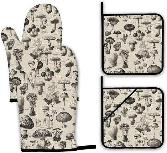 Vintage Mushroom Forest Oven Mitts and Pot Holders,Heat Resistant Oven Mitts Gloves and Pot Holder for Home Kitchen Decorations Cooking Baking BBQ Gifts,Set of 4
