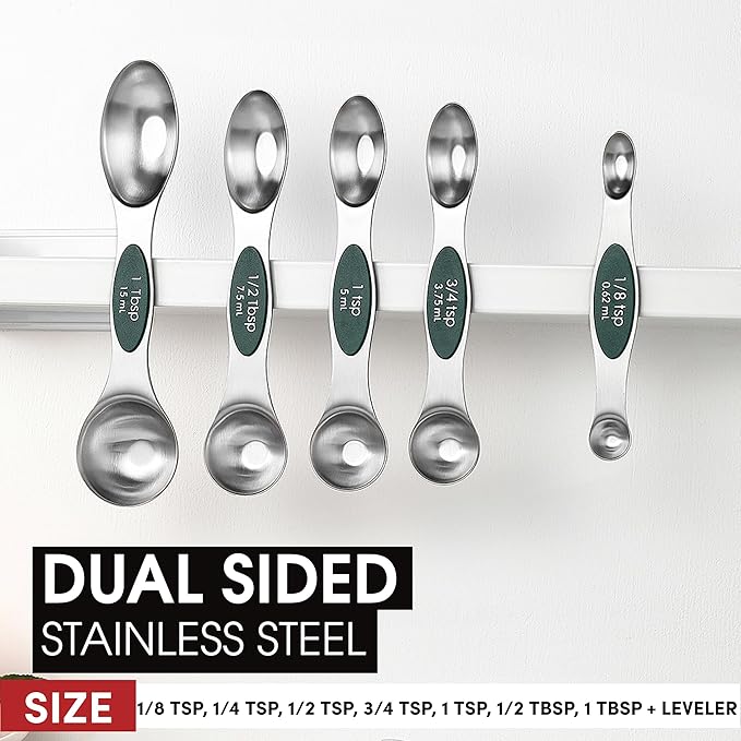 Spring Chef Stainless Steel Magnetic Measuring Spoons Set of 8 with Leveler, Stackable Magnetic Teaspoon & Tablespoon Set, Metal Kitchen Gadgets for Baking & Cooking, Fits in Spice Jars - Pine Green - Image 3