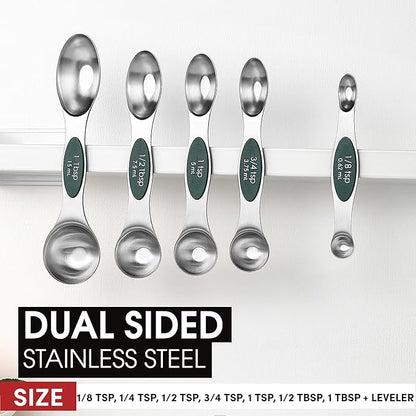 Spring Chef Stainless Steel Magnetic Measuring Spoons Set of 8 with Leveler, Stackable Magnetic Teaspoon & Tablespoon Set, Metal Kitchen Gadgets for Baking & Cooking, Fits in Spice Jars - Pine Green - Image 3