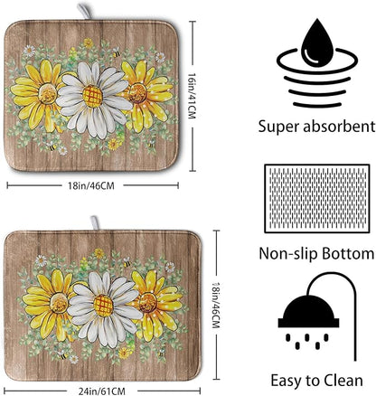 Rustic Daisy Floral Dish Drying Mat for Kitchen Counter Spring Summer Sunflower Dish Drying Mat Bee Absorbent Microfiber Dish Mat Reversible Dish Drainer Rack Mat 16x18 Inch - Image 2
