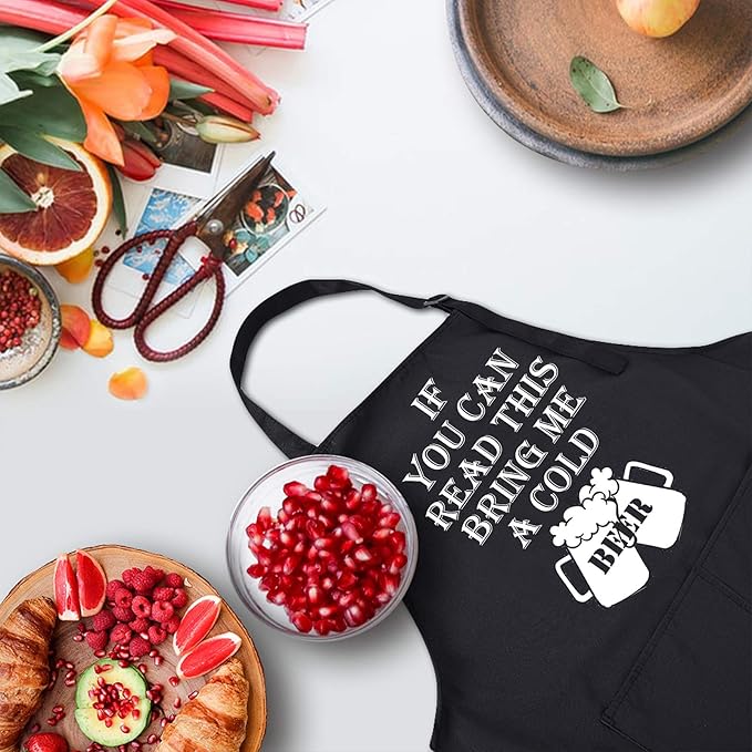 Rosoz Funny BBQ Black Chef Aprons for Men，if You Can Read This Adjustable Kitchen Cooking Aprons with Pocket Waterproof Oil Proof Father’s Day/Birthday