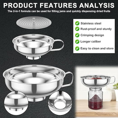 3 Piece Stainless Steel Canning Funnel Set with Strainer, Wide Mouth Mason Jar Funnels for Kitchen, Metal Funnel for Filling Bottles, Canning Supplies for Preserving, Dishwasher Safe