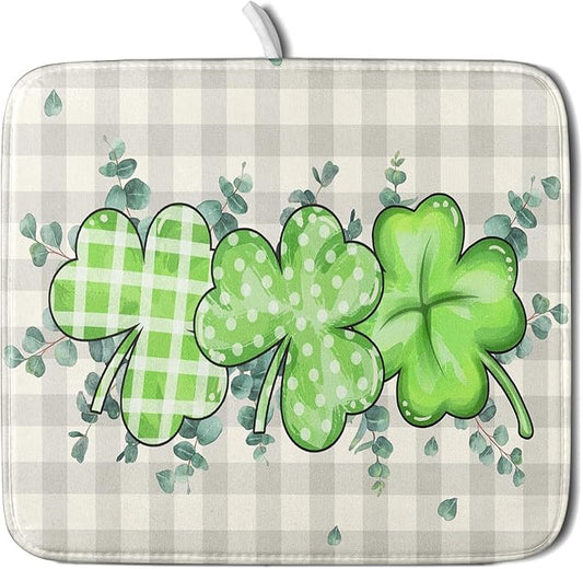 Giwawa Patrick Dish Drying Mat for Kitchen Green Clovers Grey Buffalo Plaids Dish Drainer Mats 16x18inch Spring Leaf Dish Drying Rack Pad Protector for Countertop Dining Holiday Decor