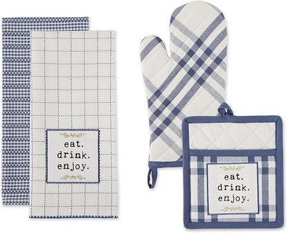 DII Home Sweet Farmhouse Kitchen Collection, Potholder/Oven Mitt/Dishtowel Set, French Blue, 4 Count